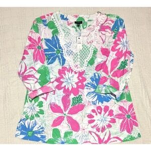 Talbots NWT Womens Medium White Floral‎ Top 3/4 Sleeves Lace Detail